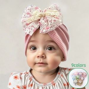 Bonnet Turban Côtelé pour Bébé Enveloppement de Tête en Polyester Avec Grand Nœud Fleur en Dentelle Accessoires pour Enfants