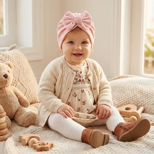 Detail of pink striped baby turban hat with bow, soft knit material for newborns