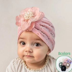Baby Mädchen Turban Beanie Mütze Weiche Polyester Hohl Ösen Kappe Große Organza Blume Künstliche Perle Für Kleinkind Fotografie Requisiten Schmuck Zubehör