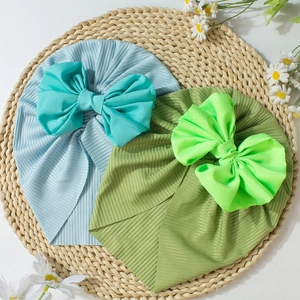 Infant ribbed knit turban hats with decorative bows in blue and olive green colors