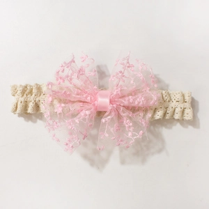 Detailed view of pink lace bow headband with intricate embroidery for baby girls