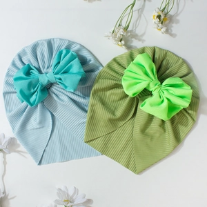 Soft ribbed baby turban hats with large bows in light blue and green colors