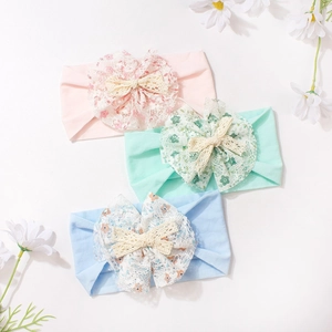 3-pack floral lace bow baby nylon headbands in pink, mint green and light blue
