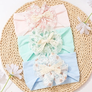 Soft nylon baby headband set with floral lace bows in pink, green and blue colors