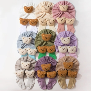 Baby hat and socks set with cute 3D plush bears in nine colors for infants