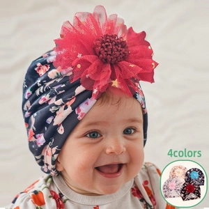 Baby Girls Floral Turban Hat Soft Polyester Infant Hospital Cap With Large Mesh Flower Sequins For Newborn Toddler