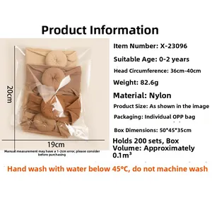 Detailed view of coffee-colored baby headband set with dimensions and material specs