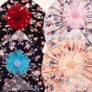 Infant floral lace knotted turbans in four colors with sequined mesh flower decorations
