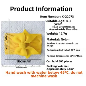 Detailed size chart for yellow infant nylon bow headband with 36-40cm circumference