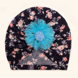 Floral baby turban hat with large light blue lace flower and gold sequins for girls