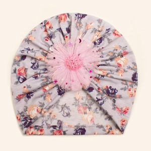Detail of baby soft grey floral beanie featuring a 3D pink mesh flower with star sequins