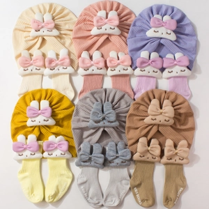 Ensemble bonnet turban et chaussettes bébé en coton avec nœud lapin 3D mignon