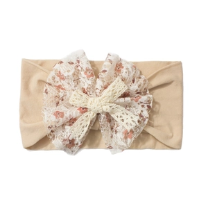 Floral print double bow nylon baby headband in soft beige lace for newborn girls