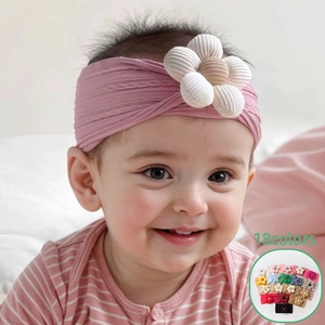 Baby Elastic Headband With 3D Knitted Flower Soft Polyester Infant Headwear Tie-dye Textured Hair Band For Toddler Girls