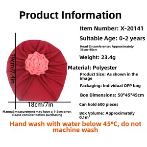 Detailed size chart for baby turban hat featuring dimensions and fabric specifications