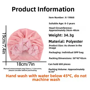 Bonnet turban rose en velours pour bébé avec fleurs 3D perles et cristaux
