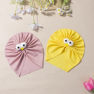 Bonnets respirants pour bébé avec yeux rigolos en tricot côtelé rose et jaune