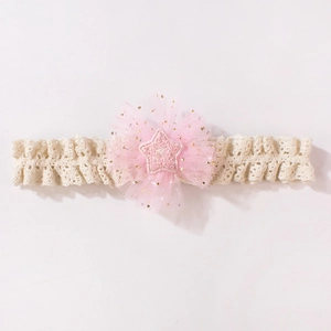 Dettaglio fascia per neonati con fiore in rete rosa, stella glitter e pizzo