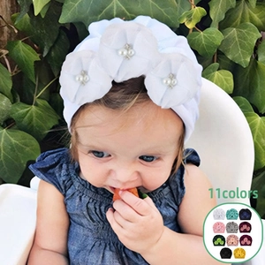 Bonnet Turban en Velours pour Bébé Avec Fleurs en Mousseline 3D Fausse Künstliche Perle Strass Doux Chaud pour Nouveau-né Enfant