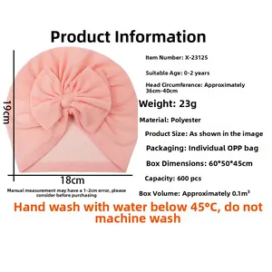 Detailed size parameters and pink bow design of the soft polyester baby turban hat