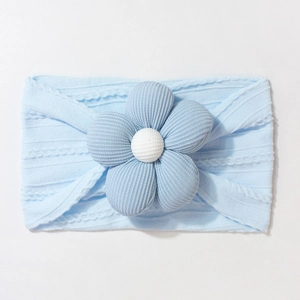 Detailed view of baby knitted headband featuring large light blue fabric flower detail