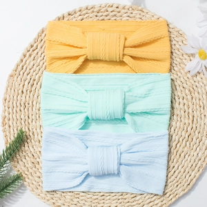 3-pack cable knit baby headbands with bow in yellow, green, and blue soft nylon