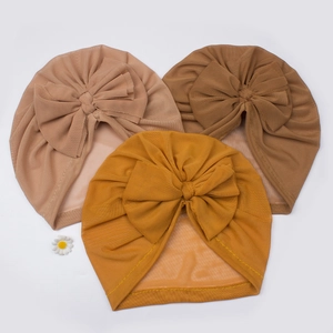 Three-piece baby bow turban hat set in soft mesh fabric, earth-tone colors for infants