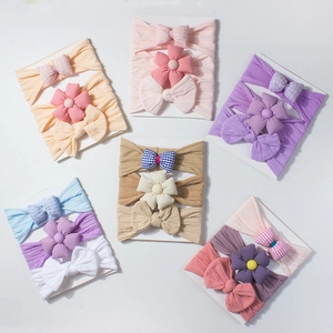 Lot de 3 Bandeaux Élastiques pour Bébé Nœud Papillon Floral Doux en Polyester Accessoires de Cheveux pour Fillettes