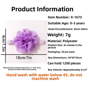 Size chart for purple chiffon flower baby headband with fabric material details