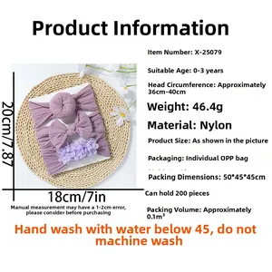 Lot de trois bandeaux bébé violets en nylon avec spécifications de taille et d'âge