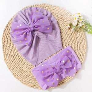 Infant purple knot hat and nylon headband set with gold polka dot chiffon bows