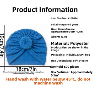 Blue knit baby donut turban hat with detailed size dimensions for 0-3 years old infants