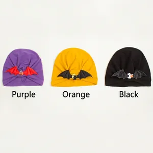 Three-piece infant Halloween knotted hats set in purple, orange, and black bat themes