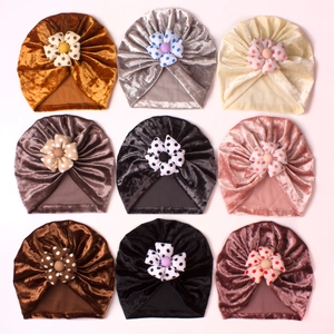 Velvet baby turban hats with polka dot flower design in nine assorted colors for infants