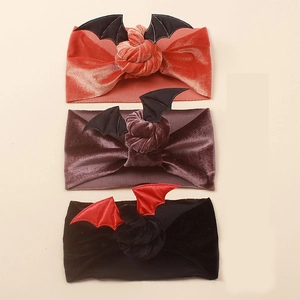 Three-piece velvet Halloween baby headbands featuring bat wings in orange purple and black
