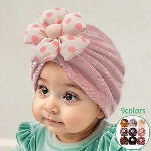 Baby Velvet Turban Hat Floral Polka Dot Headwrap Warm Beanie For Infant Toddler Girls Kids Soft Elastic Hair Accessories