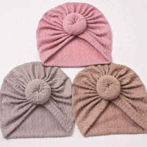 Soft knitted baby turban hats with doughnut knot in pink, grey and khaki colors