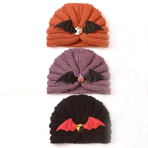 Winter knitted hats for babies with Halloween pumpkin bat and ghost motifs in three colors