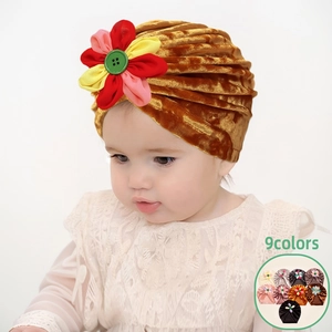 Bonnet Turban en Velours Doré pour Bébé Doux Fleur Bohême Beanie Plissé Protection de la Fontanelle pour Nouveau-Nés Filles