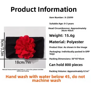 Tableau des tailles et instructions de lavage pour bandeau bébé avec fleur rouge