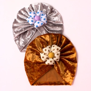 Velvet baby turban hats with polka dot flowers in silver grey and caramel colors
