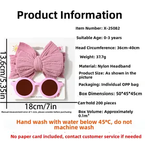 Detailed size chart for baby pink bow headband and sunglasses set with nylon fabric specs