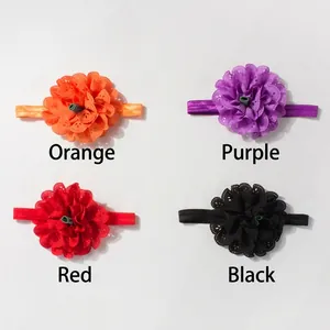 Set mit vier elastischen Baby-Blumen-Stirnbändern in Orange, Violett, Rot und Schwarz