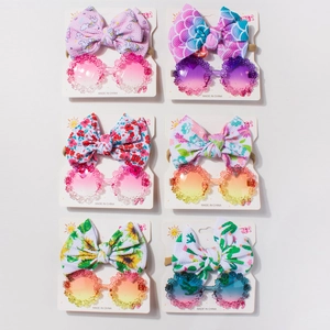 6 sets of baby girl floral bow headbands and matching round flower sunglasses for summer