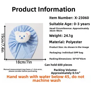 Detail showing baby hat dimensions and soft polyester fabric for sizes 0-3 years
