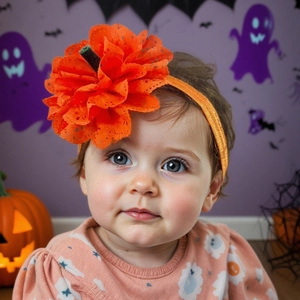Detailansicht Baby Mädchen mit Halloween-Stirnband aus oranger Spitze mit Kürbis-Design