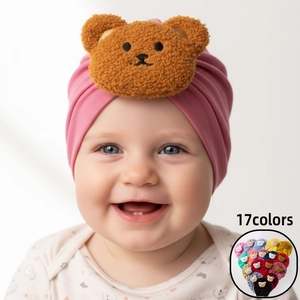 Soft Solid Color Baby Turban Hat With Cute Plush Bear Patch Comfortable Knitted Infant Headwrap Beanie For Newborn Toddler