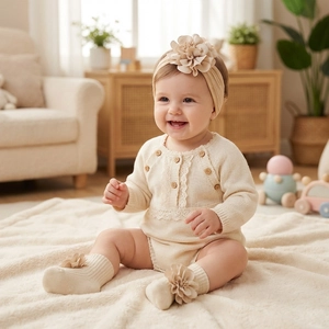 Close-up of baby knit romper with lace stitching, floral headband, and matching flower socks