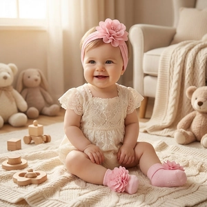 Lace baby romper with floral headband and matching socks set for photography