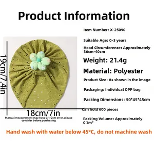 Detailed size chart and material guide for green flower turban baby hat made of polyester